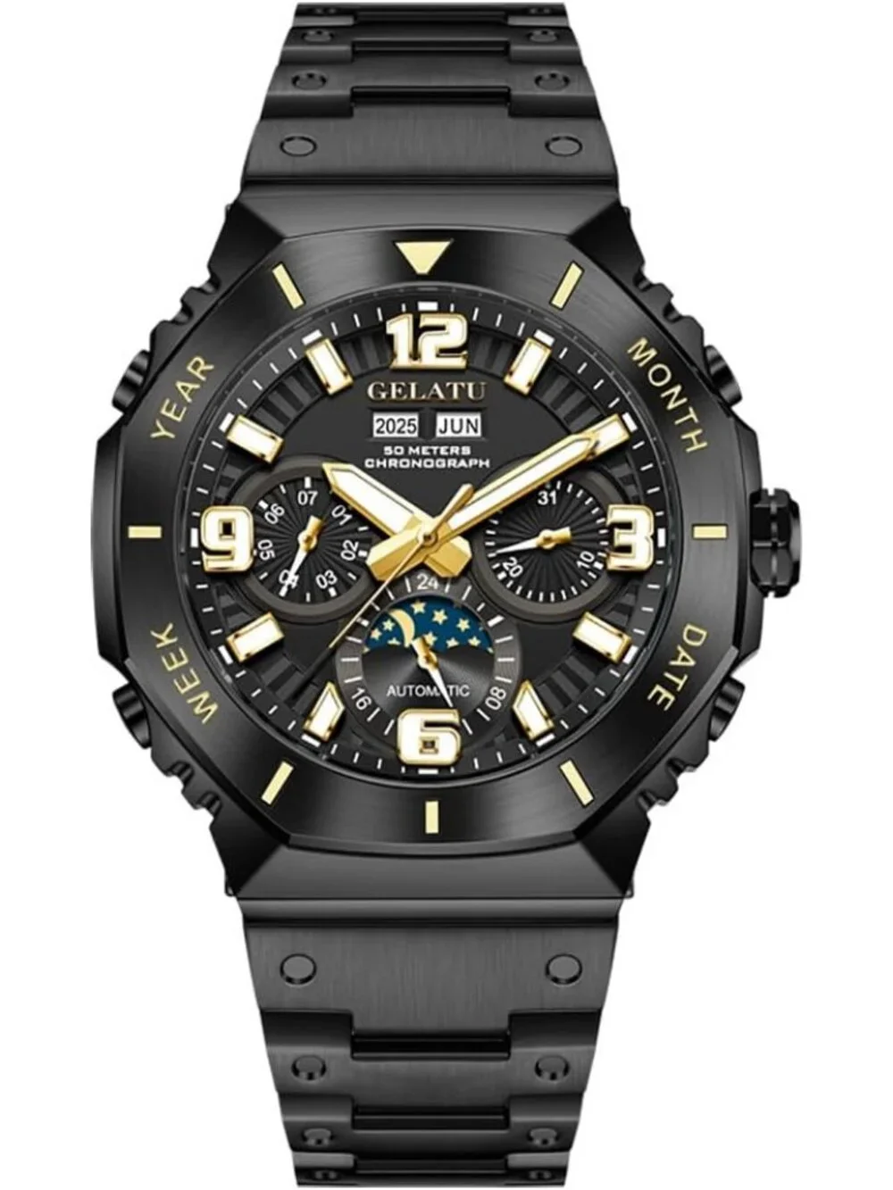 Men's Black Gold Automatic Mechanical Multi-Function Chronograph Luxury Watch